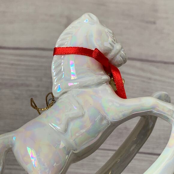 White Iridescent Rocking Horse Ornament with Red Bow and Bell 3 1/4" Tall - Picture 11 of 16